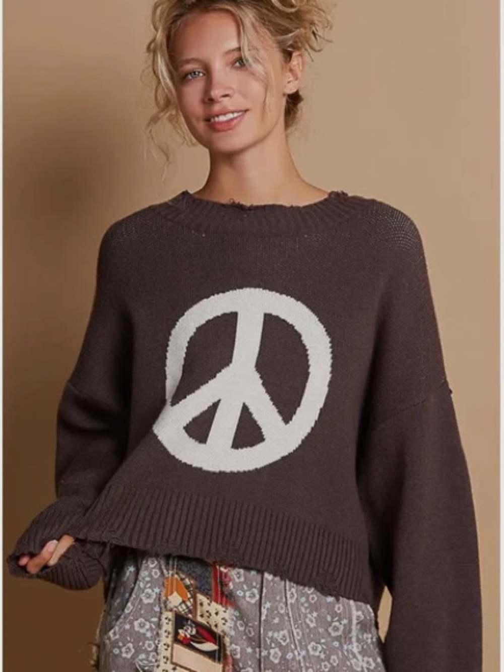POL Crewneck Sweater with White Peace Sign - Picture 1 of 4